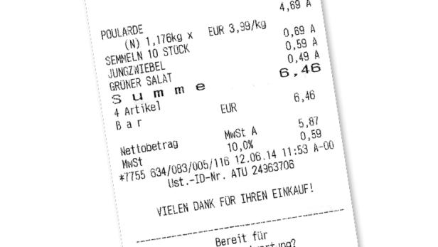 Ein Kassenzettel von Hofer mit Einkäufen wie Poularde und Semmeln.