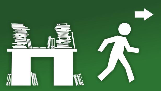 Eine stilisierte Person verlässt einen überfüllten Schreibtisch in Richtung eines Pfeils.