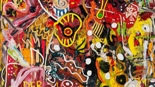 Ein abstraktes Gemälde mit leuchtenden Farben und verschiedenen Schriftzügen.