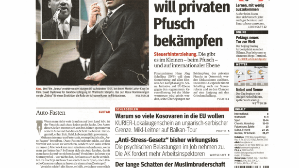 Titelseite der Zeitung „Kurier“ vom 18. Februar 2015.