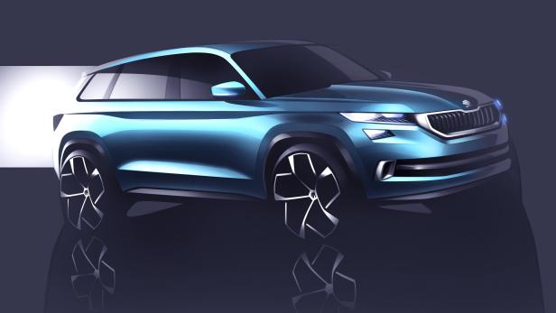 Ein blaues Konzeptfahrzeug von Škoda vor einem dunklen Hintergrund.
