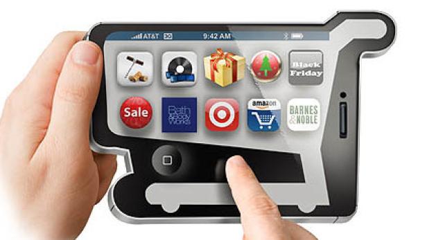 Ein Tablet in Form eines Einkaufswagens zeigt verschiedene Shopping-Apps wie Amazon und Barnes & Noble.