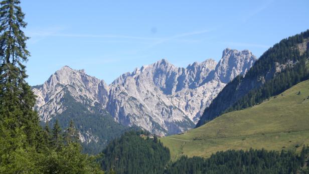 Eine Berglandschaft mit bewaldeten Hügeln und schroffen Gipfeln unter blauem Himmel.