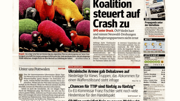 Titelseite der Zeitung Kurier vom 19. Februar 2015 mit Artikeln zu verschiedenen Themen.