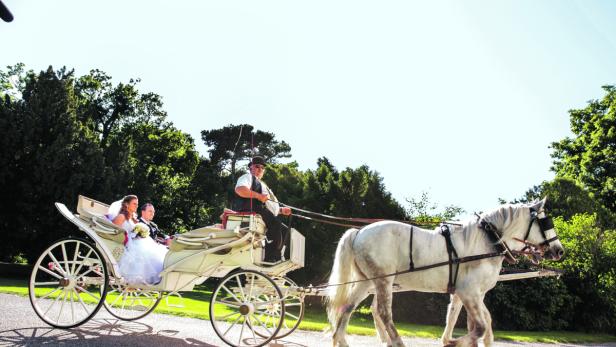 Das nunmehrige Ehepaar Daniela und Daniel Rath an ihrem Hochzeitstag bei der Kutschenfahrt durch den Schlosspark in Laxenburg. Insgesamt kostete sie die Hochzeit 26.000 Euro, aber beide sind sich einig: „Das war es uns wert“.