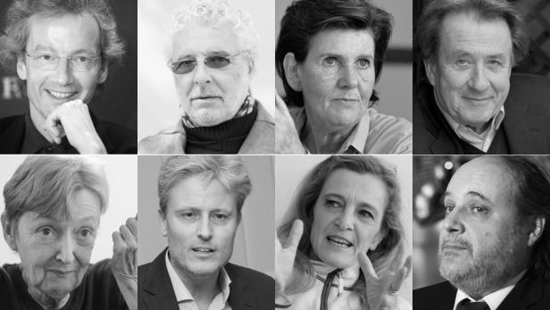 Eine Schwarzweiß-Montage von acht Porträts verschiedener Personen.
