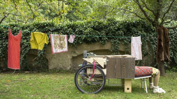 Ein Wäscheständer mit Kleidung steht auf einer Wiese vor einer mit Efeu bewachsenen Mauer.