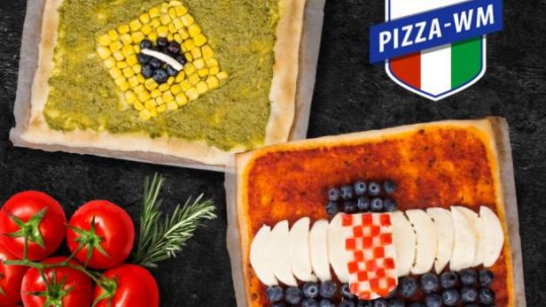 Zwei Pizzas, dekoriert mit den Flaggen von Brasilien und Kroatien.
