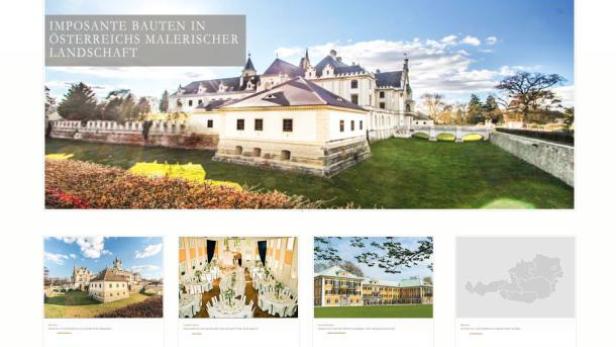 Die Webseite „Schlossseiten“ zeigt österreichische Schlösser in einer malerischen Landschaft.