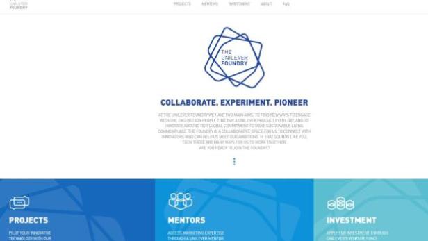 Die Webseite von „The Unilever Foundry“ mit dem Slogan „Collaborate. Experiment. Pioneer.“.