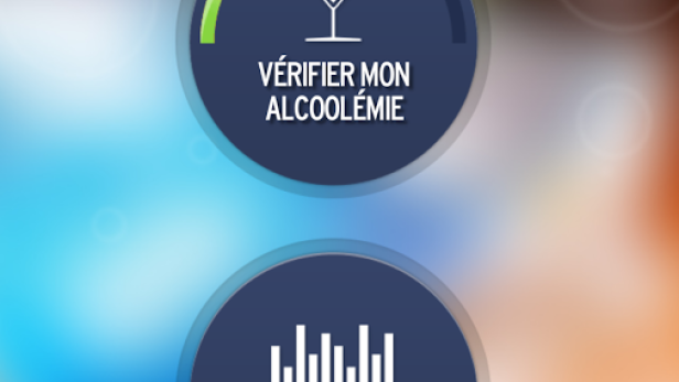 Ein Screenshot der „Wise Drinking“-App mit Optionen zur Alkoholmessung und Fahrtenbuchung.
