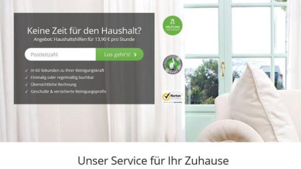 Webseite von Helpling, einem Online-Service für Haushaltshilfen.