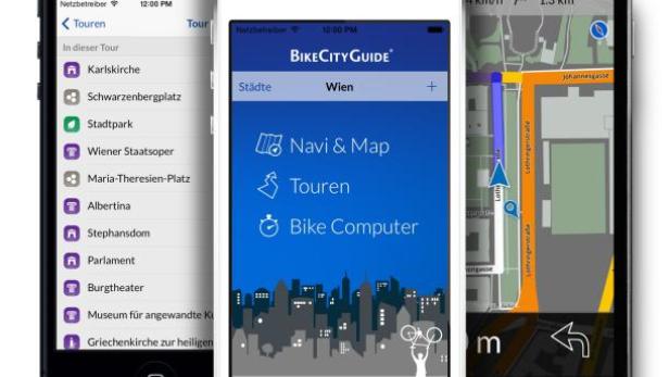 Drei Smartphones zeigen die Benutzeroberfläche der „BikeCityGuide“-App mit verschiedenen Funktionen.