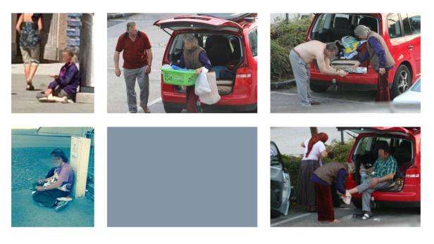 Mehrere Menschen sind an verschiedenen Orten zu sehen, einige scheinbar obdachlos, andere an Autos.