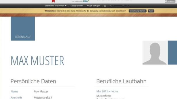 Ein Screenshot der Webseite Lebenslauf.com mit dem Namen Max Muster.