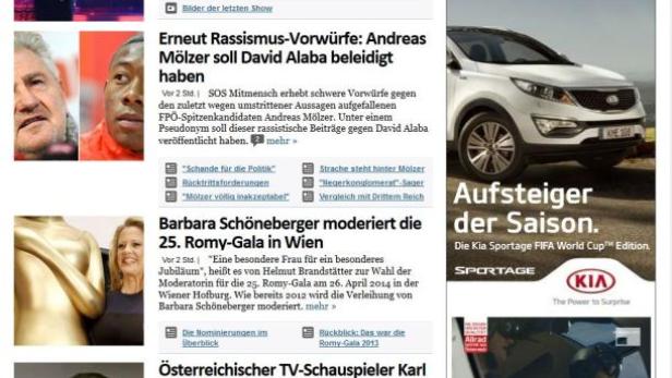Eine Webseite von Vienna Online mit verschiedenen Artikeln und Anzeigen.