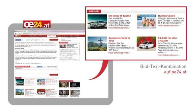 Die Webseite oe24.at mit Werbeanzeigen für Urlaubsreisen und Autos.