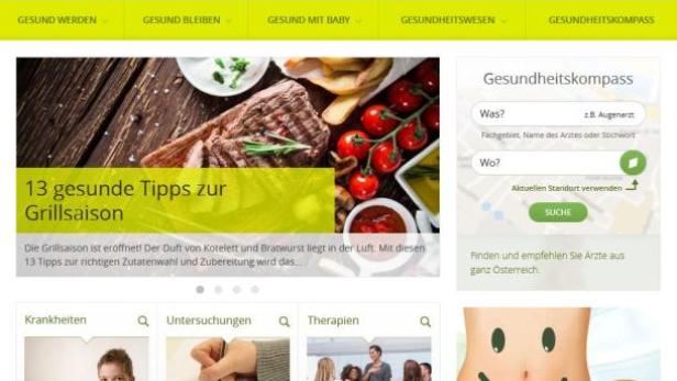 Die Startseite von gesund.at mit Artikeln zu Grilltipps, Krankheiten und dem Gesundheitskompass.