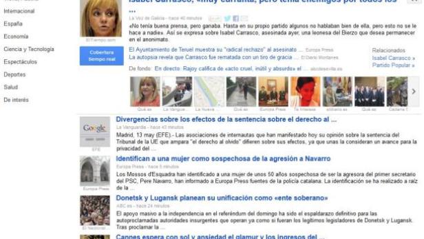 Ein Screenshot der Google News-Startseite mit verschiedenen Schlagzeilen und Artikeln auf Spanisch.