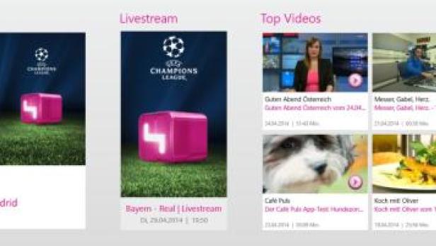 Screenshot einer Webseite mit Highlights, Livestreams und Top-Videos, darunter Bayern München gegen Real Madrid.