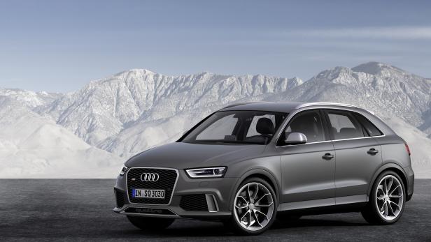 Ein grauer Audi SQ3 vor einer verschneiten Bergkulisse.