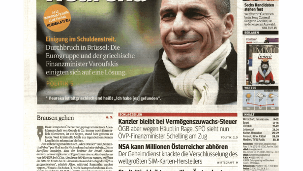 Titelseite des Kurier vom 21. Februar 2015 mit Artikeln zu verschiedenen Themen.