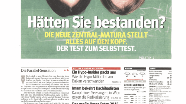 Titelseite der Zeitung „Kurier am Sonntag“ vom 22. Februar 2015.