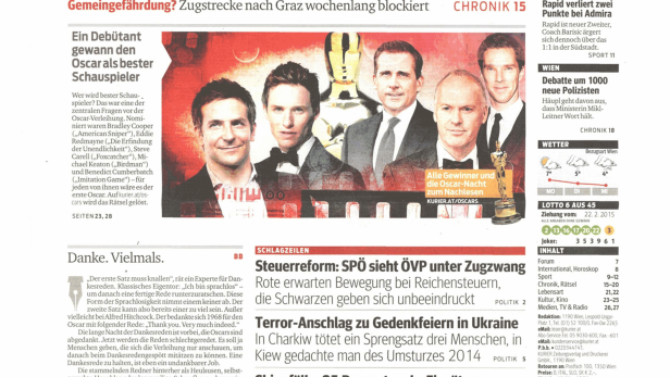 Titelseite des Kurier vom 23. Februar 2015 mit Nachrichten über Sport, Politik und Kultur.