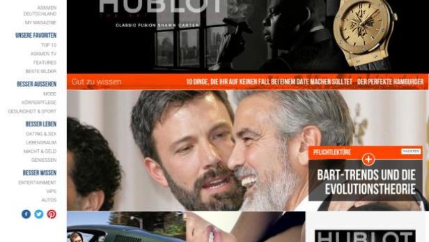 Screenshot der AskMen-Website mit Werbung für Hublot-Uhren und Artikeln über Barttrends und Dating.