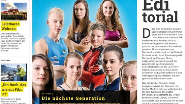 Titelbild des Raiffeisen Magazins mit acht jungen Sportlern aus Tirol.