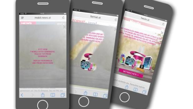 Drei Smartphones zeigen verschiedene Webseiten mit Gewinnspielen.
