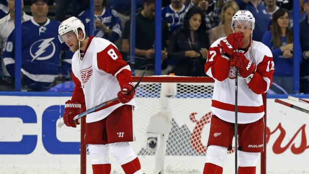Zwei Eishockeyspieler der Detroit Red Wings stehen auf dem Eis.
