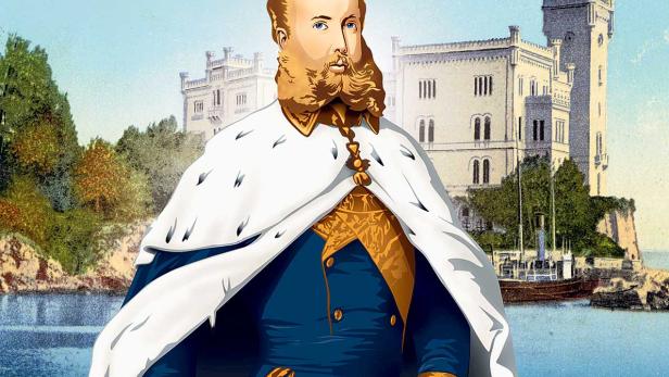 Ein Porträt von Erzherzog Ferdinand Maximilian von Österreich vor Schloss Miramare.