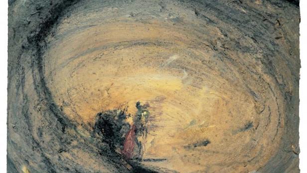 Ein Gemälde zeigt zwei Personen in einer wirbelnden, traumartigen Landschaft.