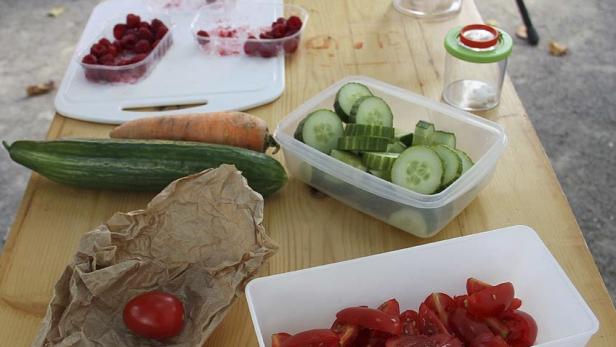 Auf einem Tisch liegen verschiedene geschnittene Gemüse und Früchte in Behältern.