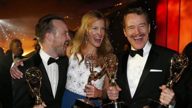 Die Gewinner des Abens: Aaron Paul, Anna Gunn und Bryan Cranston.   