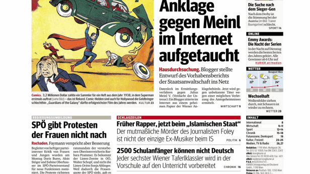 Titelseite des Kurier vom 26. August 2014 mit Miley Cyrus und Superman.