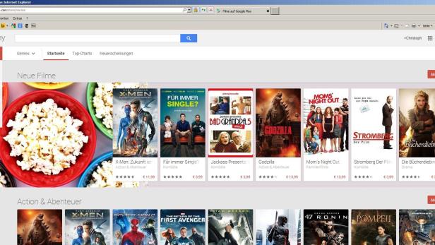Die Google Play Filmauswahl mit Popcornschalen und Filmplakaten wie „X-Men“ und „Godzilla“.