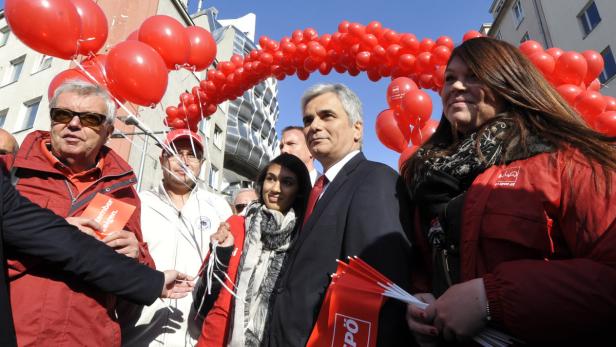 Eine Gruppe von Menschen steht unter einem Bogen aus roten Luftballons.