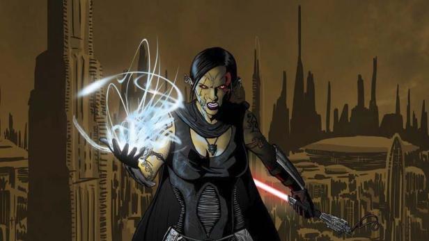 Eine Sith-Lord mit einem roten Lichtschwert und blauen Machtblitzen vor einer futuristischen Stadtkulisse.