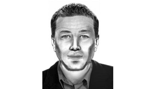 Eine Phantombildzeichnung eines Mannes mit dunklem Haar und Anzug.