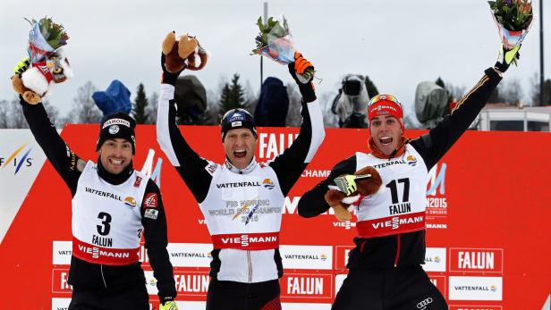 Hoch im Kurs: Kombinierer Bernhard Gruber (Mi.) gelang in Falun mit Gold im Bewerb auf der Großschanze der größte Karrieresprung.
