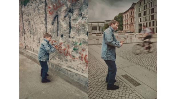 Ein Junge vor der Berliner Mauer und ein Mann mit einem Hammer in Berlin, vermutlich nach dem Fall der Mauer.