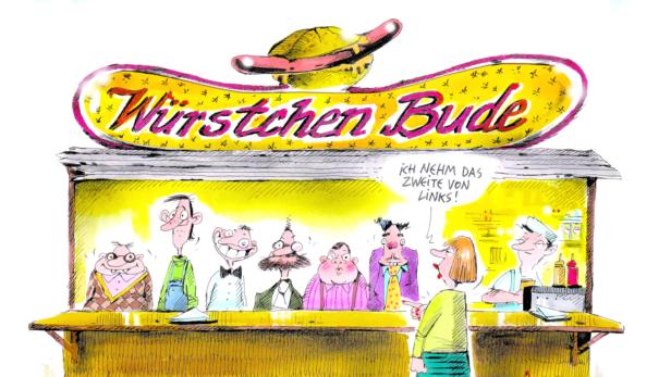 Karikatur einer Frau, die an einer „Würstchen Bude“ eine Wurst bestellt.