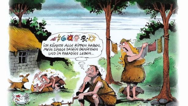 Eine Karikatur zeigt Adam, der am Lagerfeuer sitzt, während Eva Wäsche aufhängt und sich streitet.