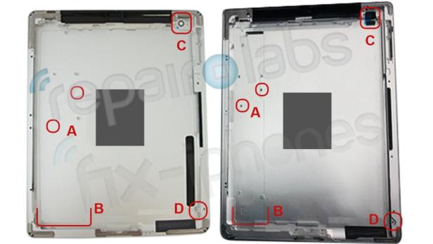 Zwei iPad-Gehäuse, die die Positionen der Schrauben und anderer Komponenten zeigen.