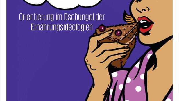 Eine stilisierte Frau isst ein Stück Kuchen; Buchcover „Muss denn Essen Sünde sein?“.