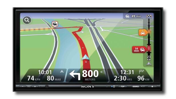 Ein Navigationsgerät von Sony zeigt eine Routenführung mit einer Entfernung von 800 Metern an.