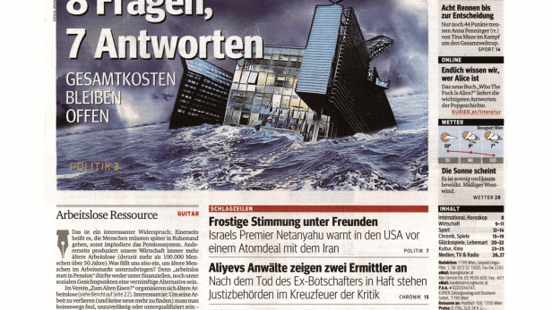 Titelseite des „Kurier“ vom 3. März 2015 mit Schlagzeilen zu Wirtschaft und Politik.