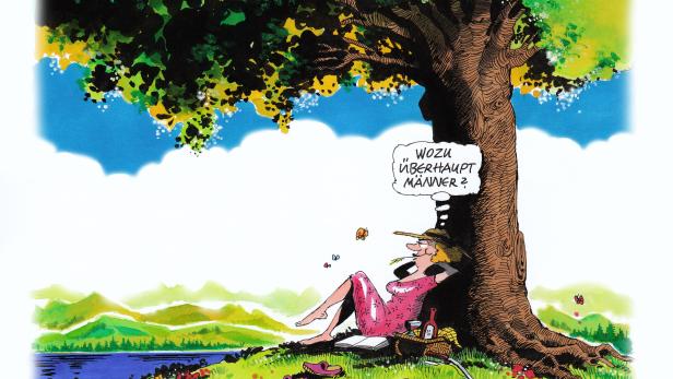 Eine Frau liegt unter einem Baum und denkt über die Sinnhaftigkeit von Männern nach.